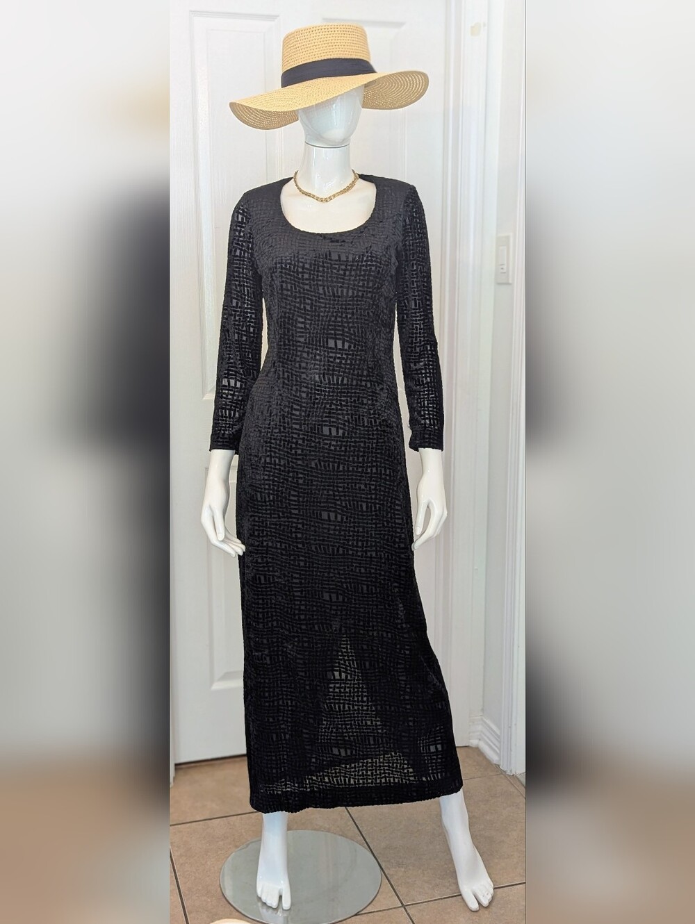 Vintage Rimini By Shaw Black Burnout Velvet Maxi Sheer Textured Overley Dress 10